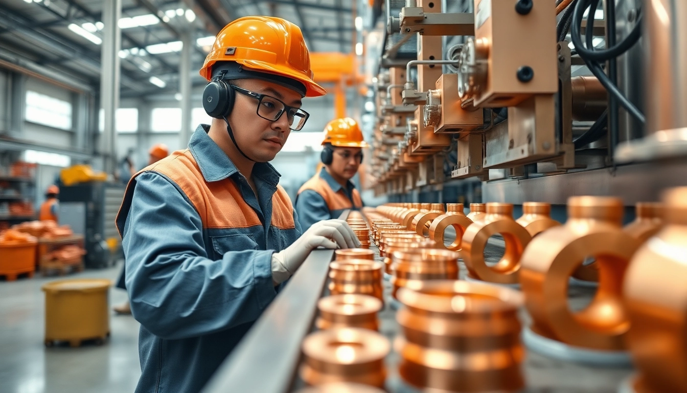 Copper plating Malaysia process in a modern diecasting factory showcasing skilled workers and copper-coated components.