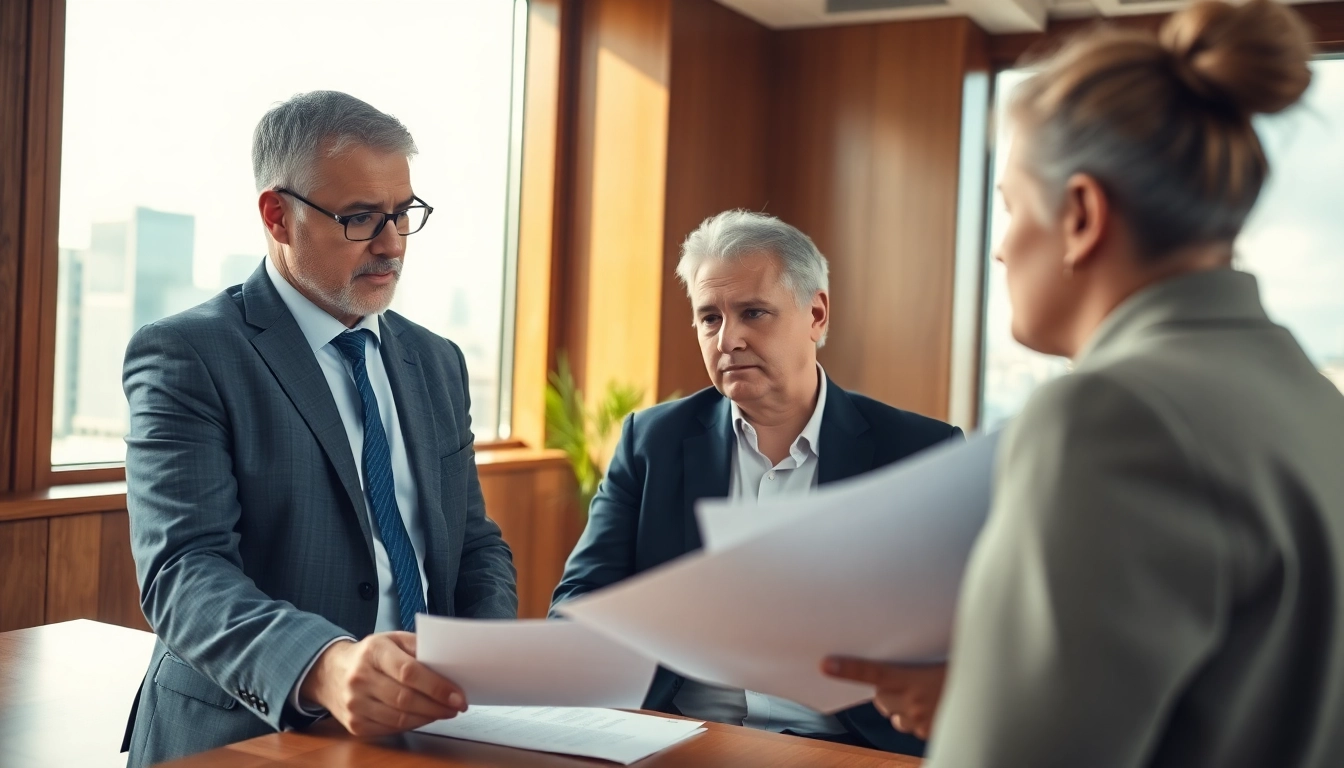 Eminent domain lawyer assisting a landowner in a professional office setting.
