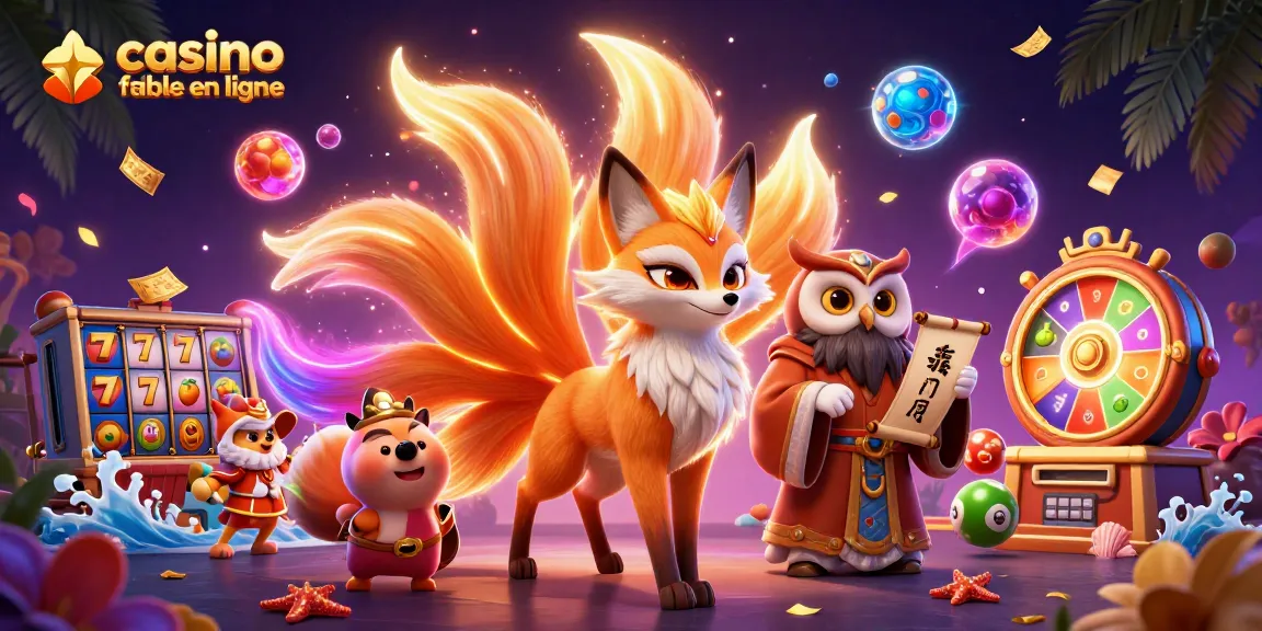 Illustration d'un casino fiable en ligne avec un renard à neuf queues et un hibou sage entourés d'éléments de jeux d'argent.