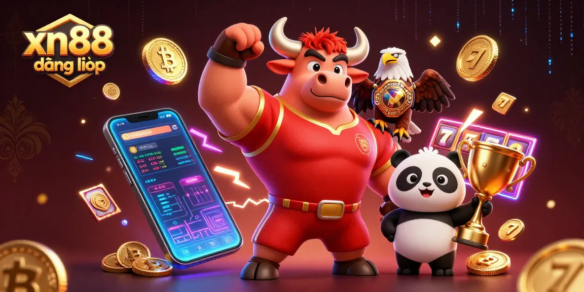 xn88 đăng nhập showcasing a vibrant casino scene with a bull mascot, eagle, panda, crypto coins, and slot elements.