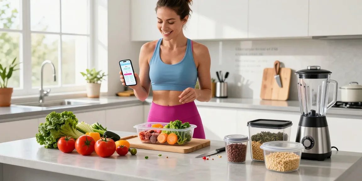 Healthy meal prep with best AI macro tracker app displayed on smartphone in modern kitchen.