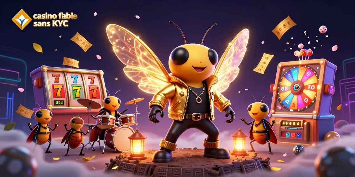 Visualisez un casino fiable sans KYC avec une rock star en cigale, entourée de jeux animés.