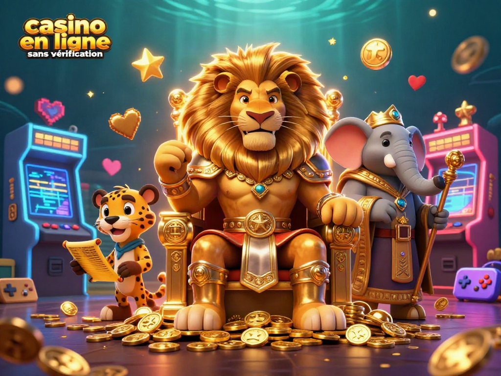 Casino en ligne sans vérification : illustration 3D de lions et éléphants au casino