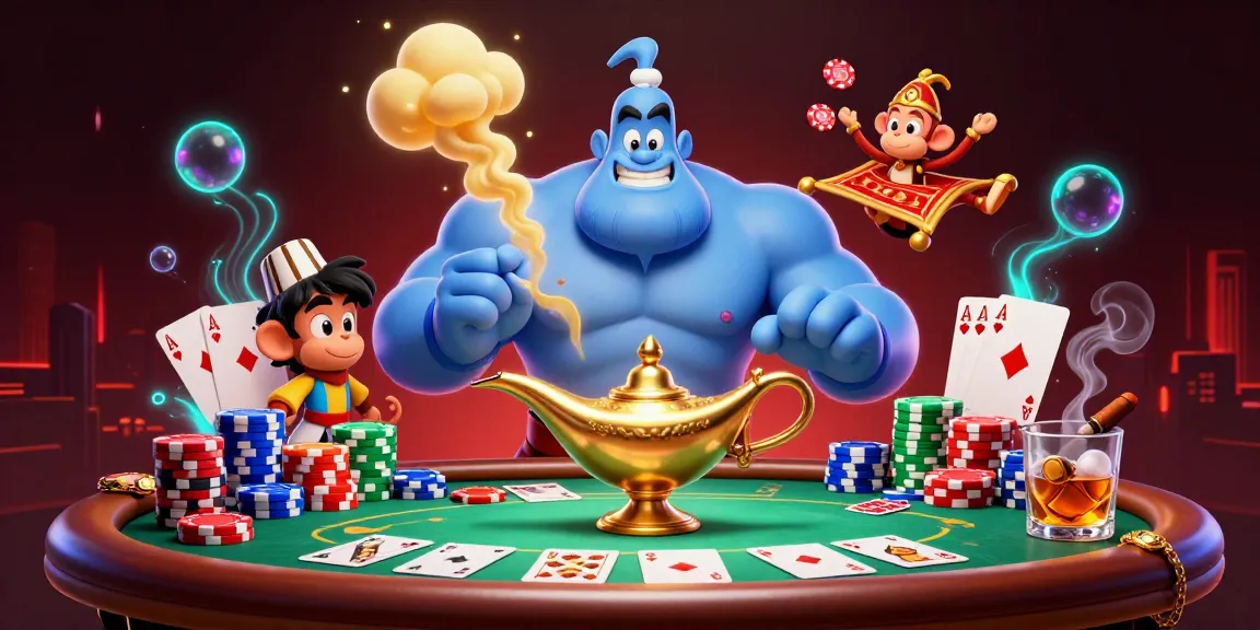 Découvrez l'illustration captivante d'un casino fiable en ligne mettant en scène un génie et des éléments de poker.