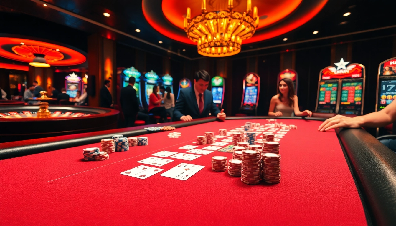 Exciting casino scene showcasing high-stakes poker at Haywin with vibrant chips and cards.