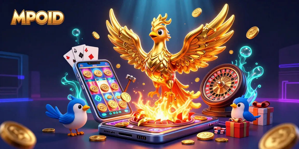 MPOID showcases a vibrant scene with a molten golden phoenix, dynamic game elements, and captivating casino decor.