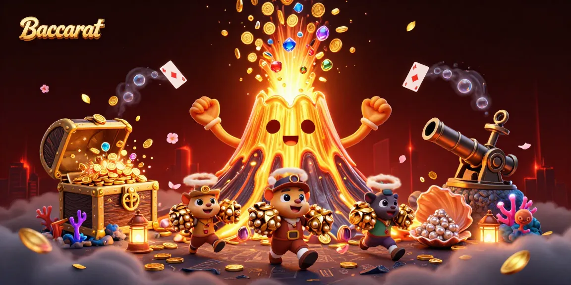 Baccarat-themed illustration showcasing a golden volcano erupting treasure with vibrant casino elements.