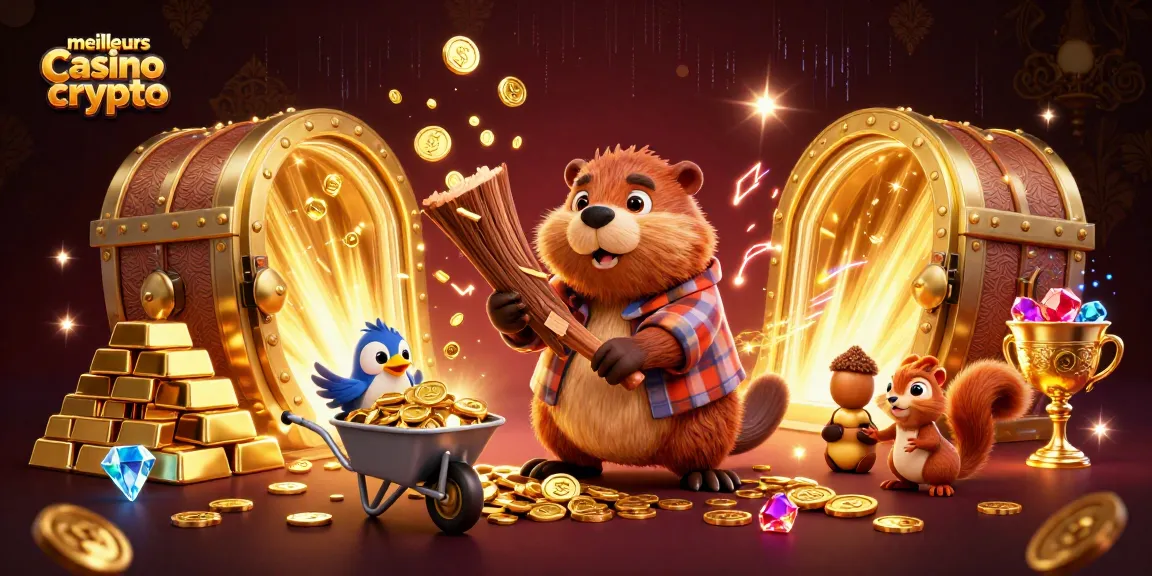 Une illustration 3D d'un castor bûcheron célébrant les meilleurs casinos crypto, en lançant des pièces d'or.