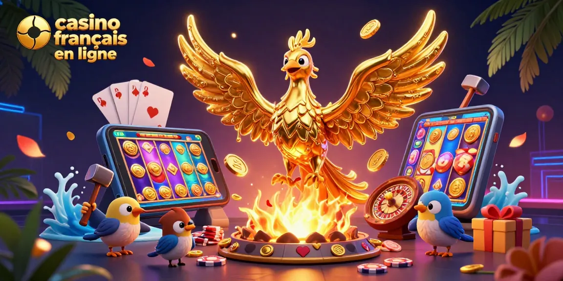 Profitez de l'expérience d'un casino français en ligne vibrant avec un phénix doré et des éléments de jeu.