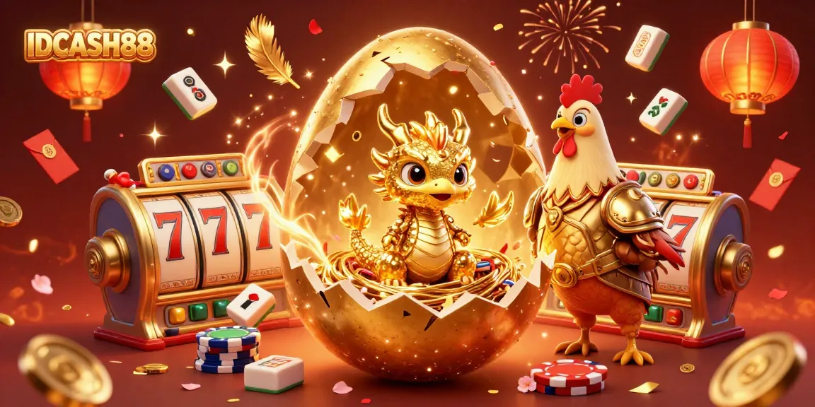 Experience the excitement of IDCASH88 with a golden dragon and poker chips celebrating big wins.