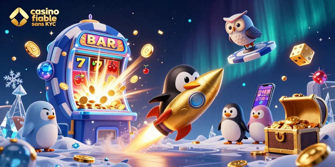 Illustration d'un casino fiable sans KYC avec un pingouin doré propulsé dans l'espace, machines à sous et jackpots en arrière-plan.