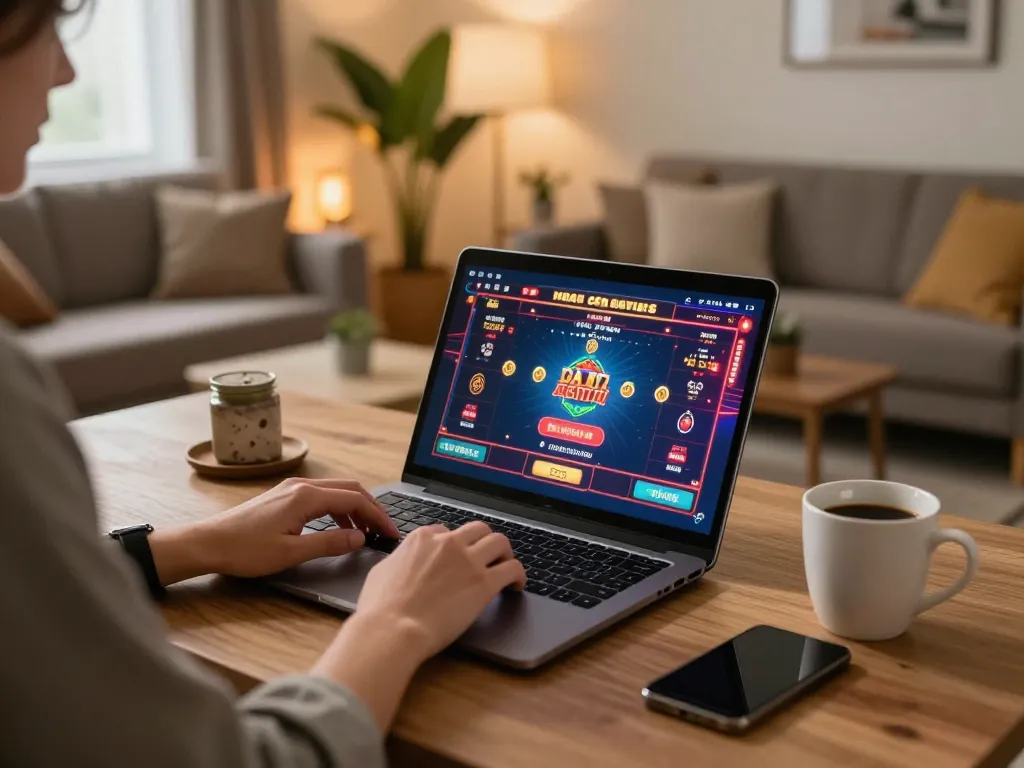 Person engaging in online gaming at home, showcasing migliori casino online esteri experience with a vibrant casino interface.
