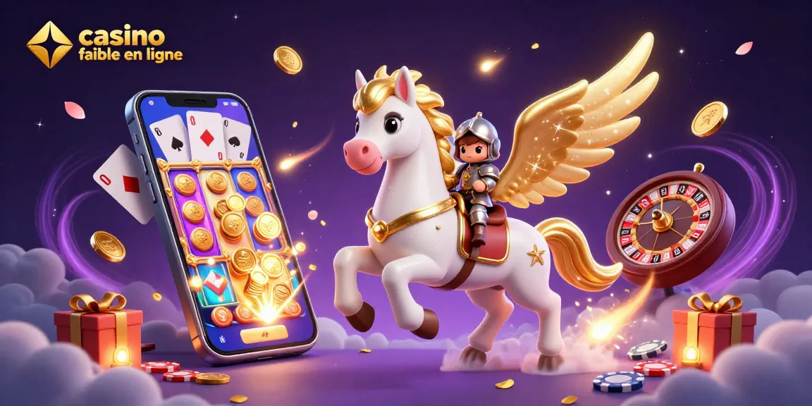Illustration dynamique d'un casino fiable en ligne avec un cheval céleste et des éléments de jeu éparpillés, créant une ambiance immersive.