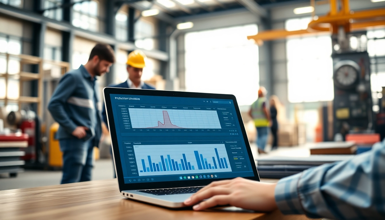 Analyze production scheduling software on a laptop amidst engineers for optimal efficiency.