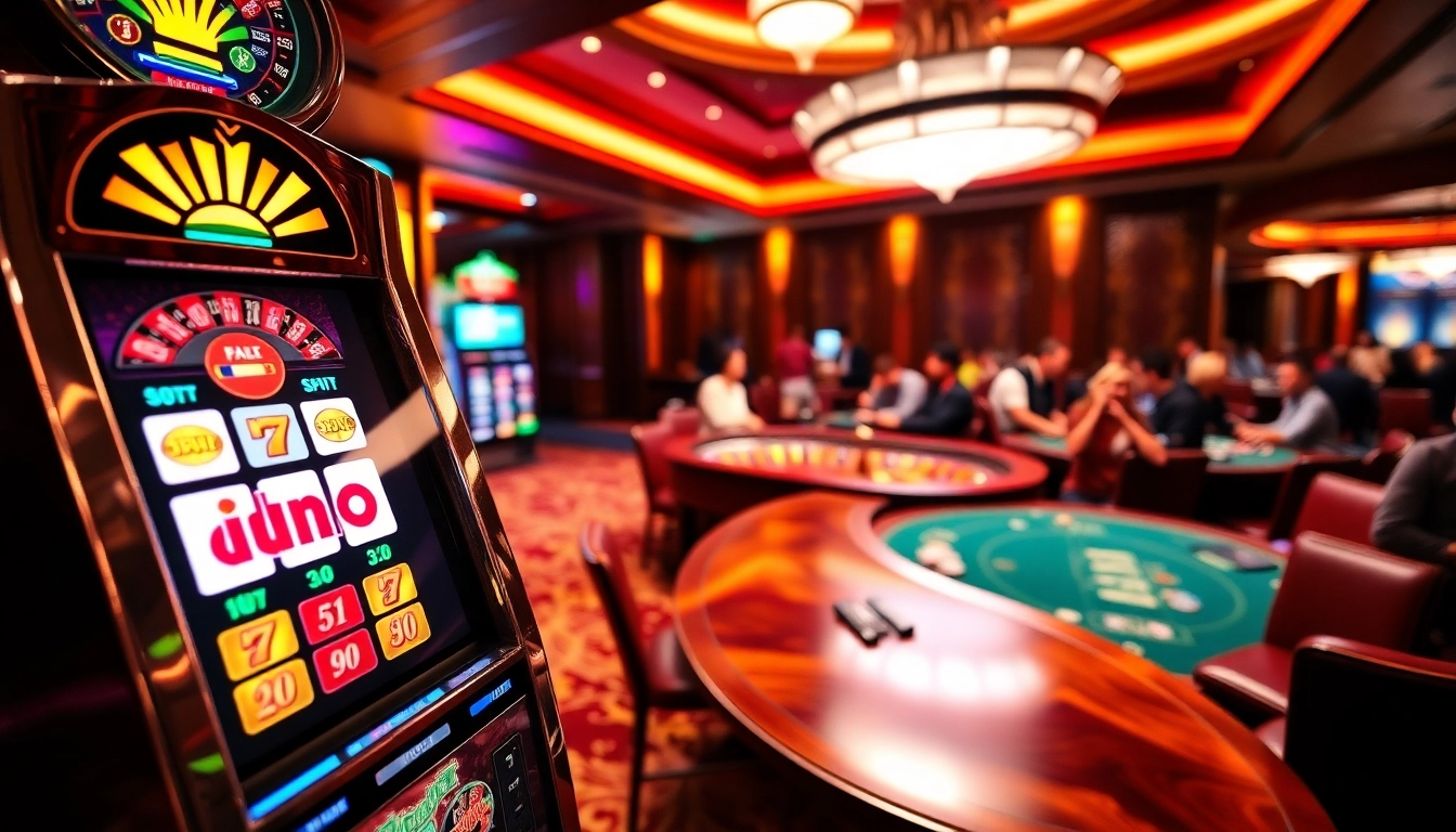 Spin the vibrant idnslot machine in a luxurious casino filled with excitement and joy.