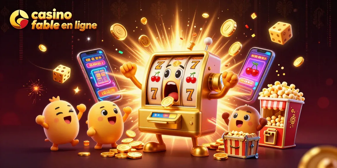 Illustration dynamique d'un casino fiable en ligne avec une machine à sous dorée célébrant un jackpot rempli de pièces d'or.