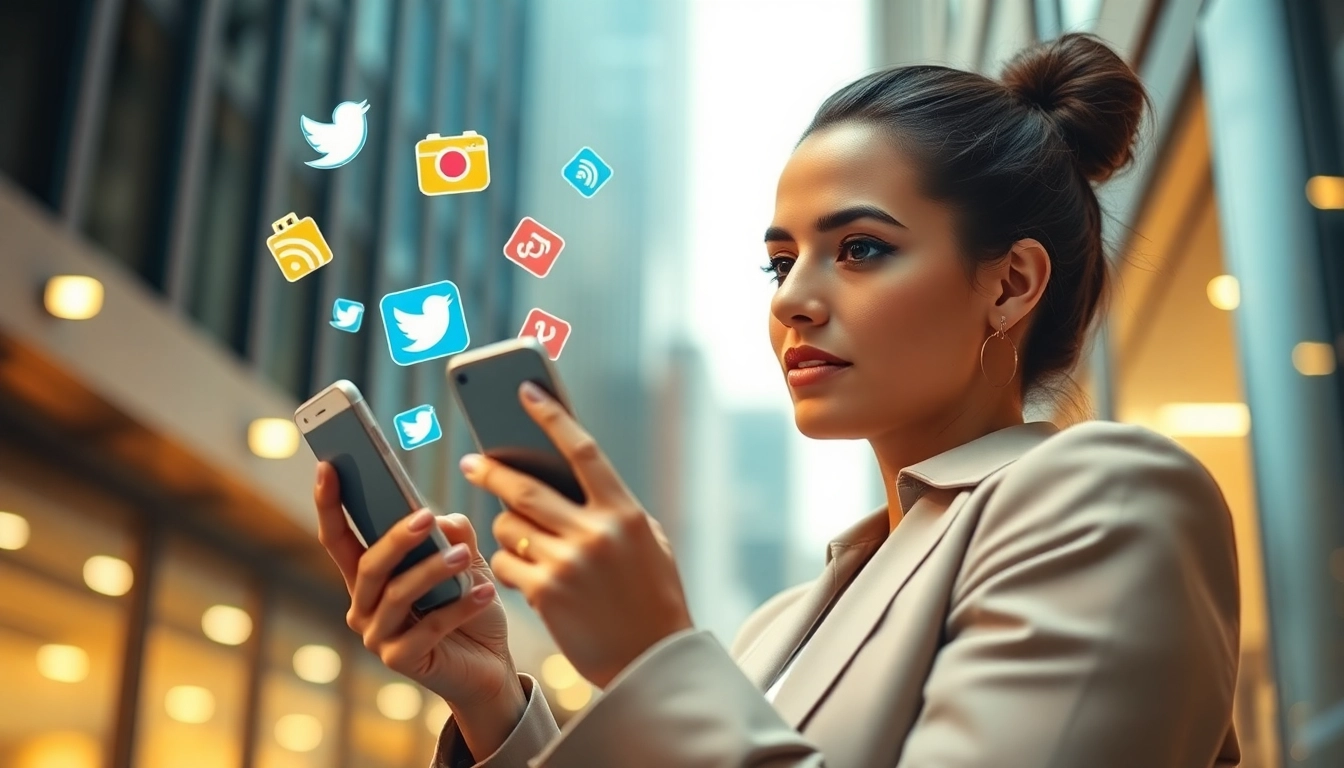 フォロワー 買う インスタで活気ある都市にいる女性がスマホを使う様子