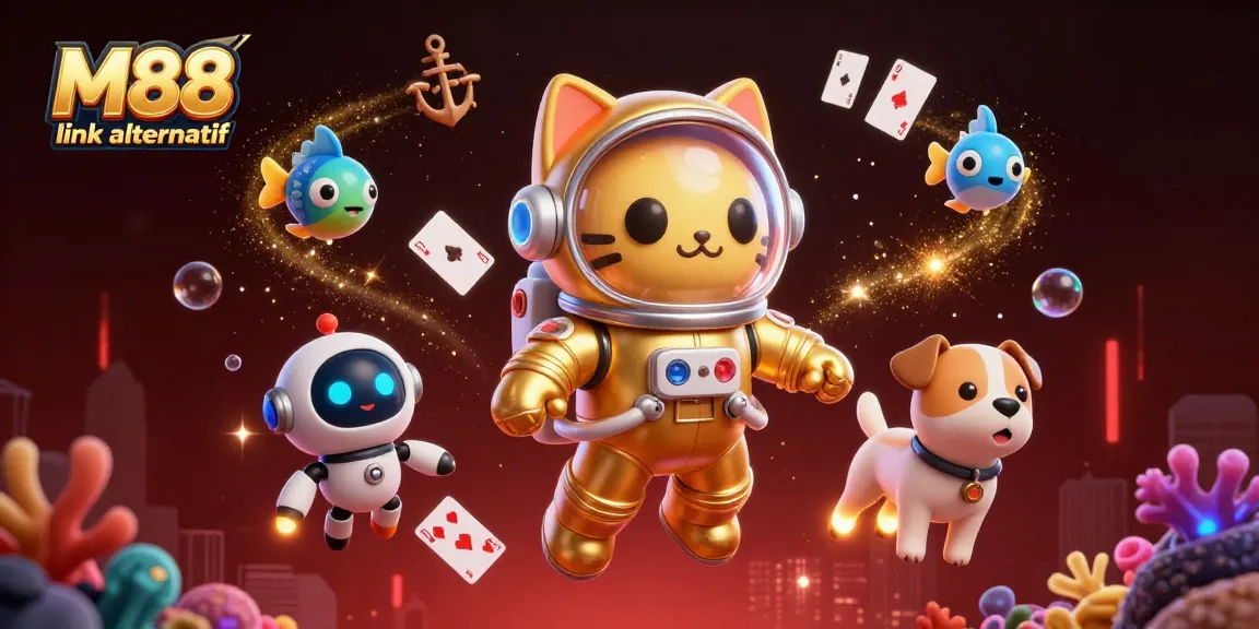 Experience the excitement of the M88 link alternatif with a vibrant 3D illustration featuring playful characters and a dazzling casino theme.