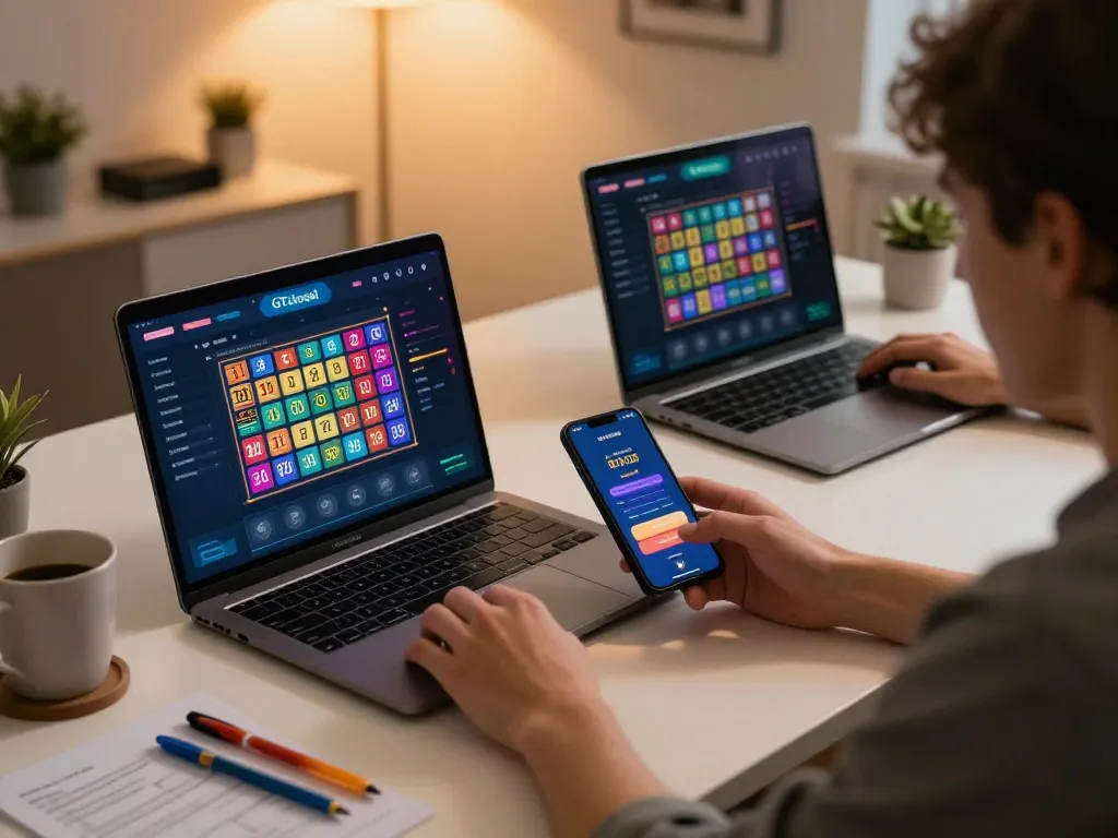 Engaging in online gaming with GTAtogel, showcasing a colorful betting interface and strategy notes.