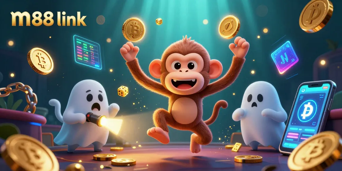 Experience a thrilling m88 link adventure with a playful monkey and a puppy tracking golden treasures in an online casino.