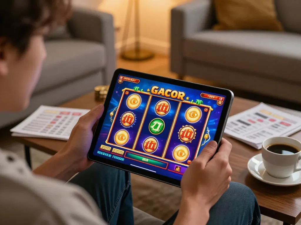 Terlibat dalam permainan slot gacor di tablet sambil dikelilingi catatan taruhan dan kopi.