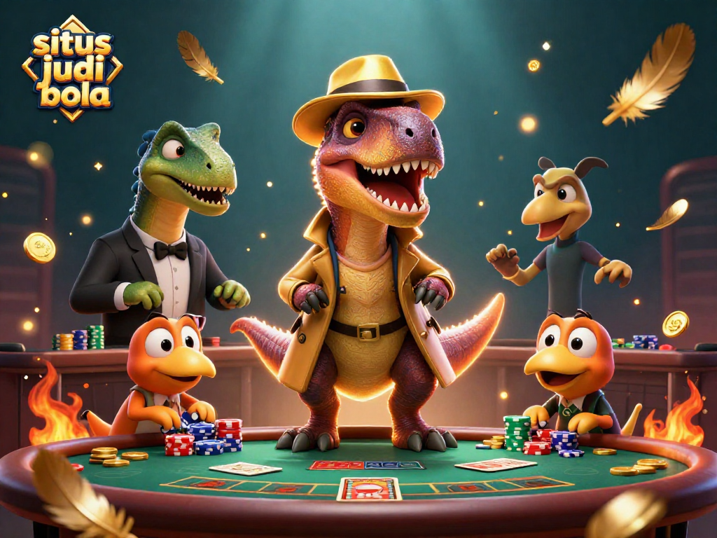 Experience situs judi bola excitement with a cartoon velociraptor at a blackjack table under dramatic effects.