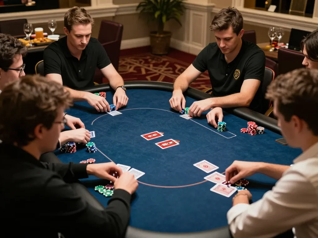 Poker game in elegant setting showcasing hidden wiki status with players and chips focused on competition.