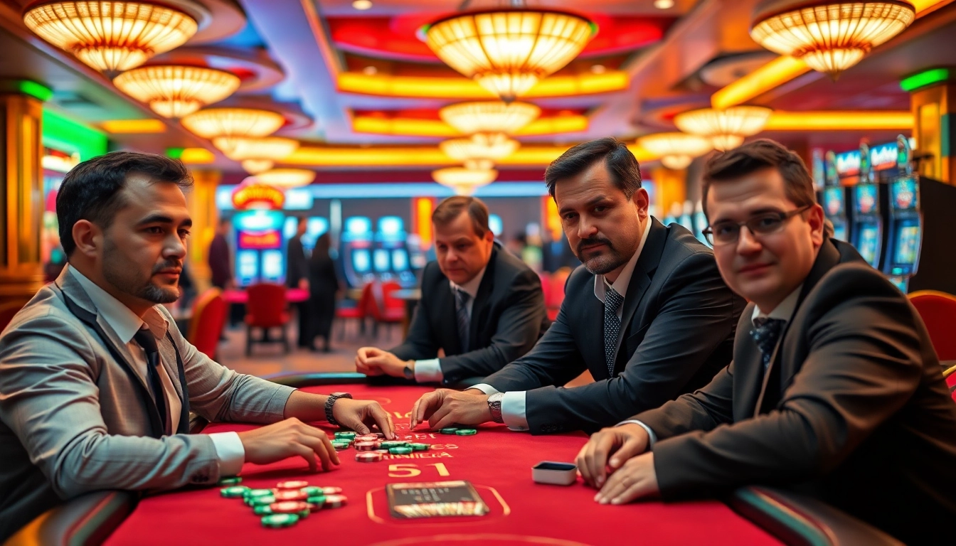 Aktive Spieler beim casino spielen in einem eleganten Casino mit bunten Chips und Karten.