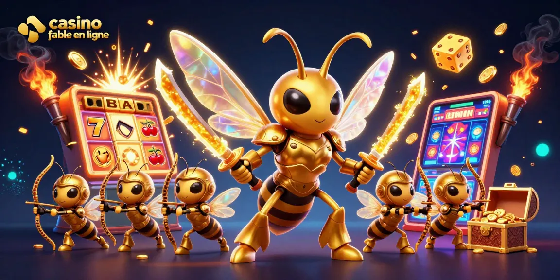 Illustration captivante de casino fiable en ligne avec un hornet samouraï et des machines à sous éclatantes.