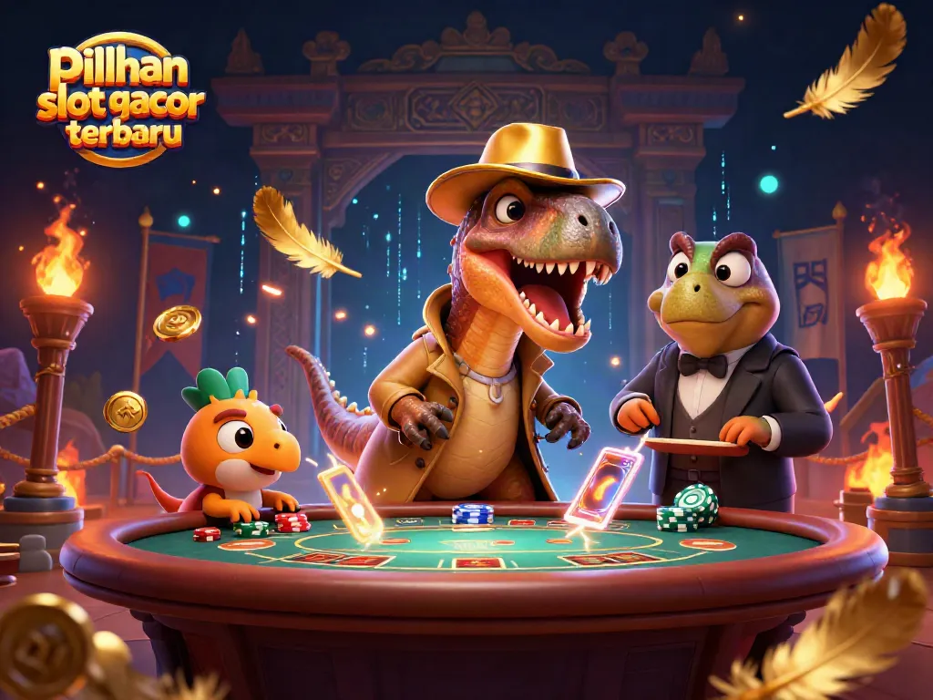 Permainan slot gacor terbaru ditampilkan dengan karakter kartun 3D yang menarik dan elemen kasino yang penuh warna.