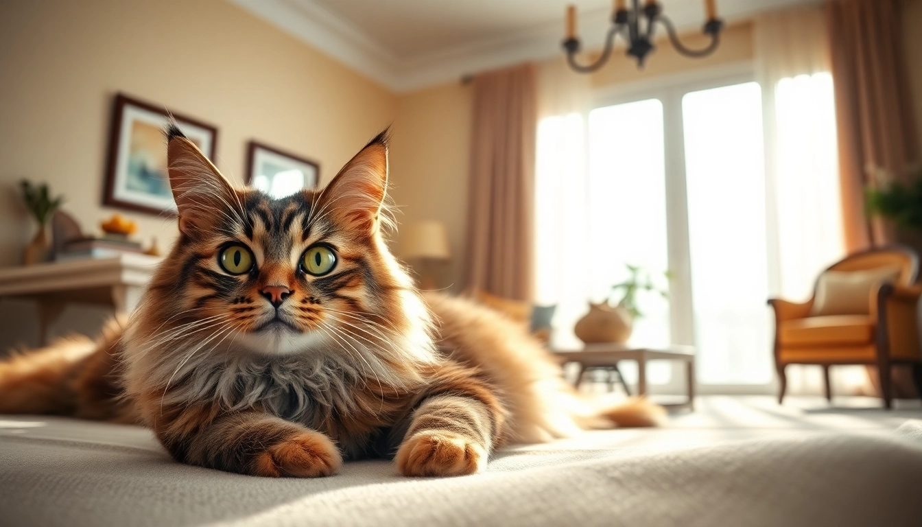 Maine Coon cats for sale Sacramento featuring a fluffy cat relaxing indoors in a sunny living room.