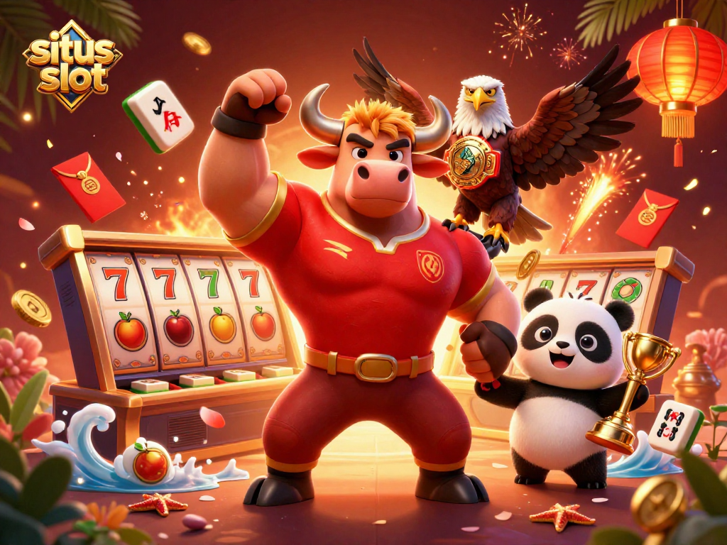 Spin your luck with situs slot in this vibrant 3D casino scene featuring winning characters.