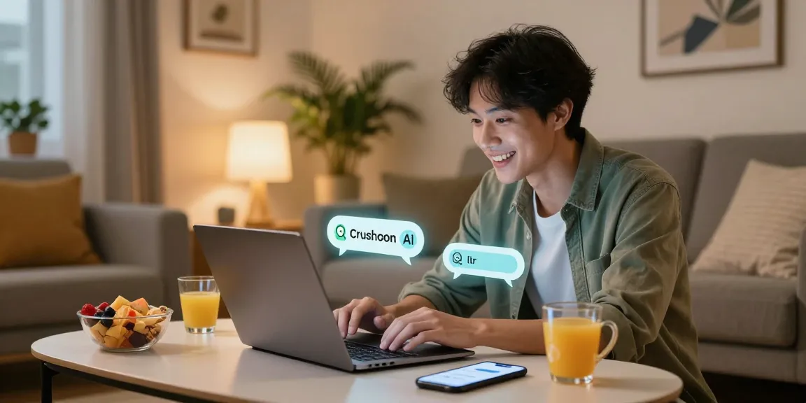 Interactive session with Crushon AI chatbot in a cozy home setting, capturing user engagement and technology.