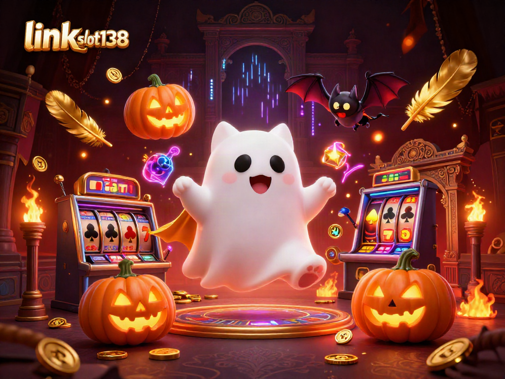 Engage with link slot138 in this vibrant casino scene featuring a ghost cat and vampire bat.