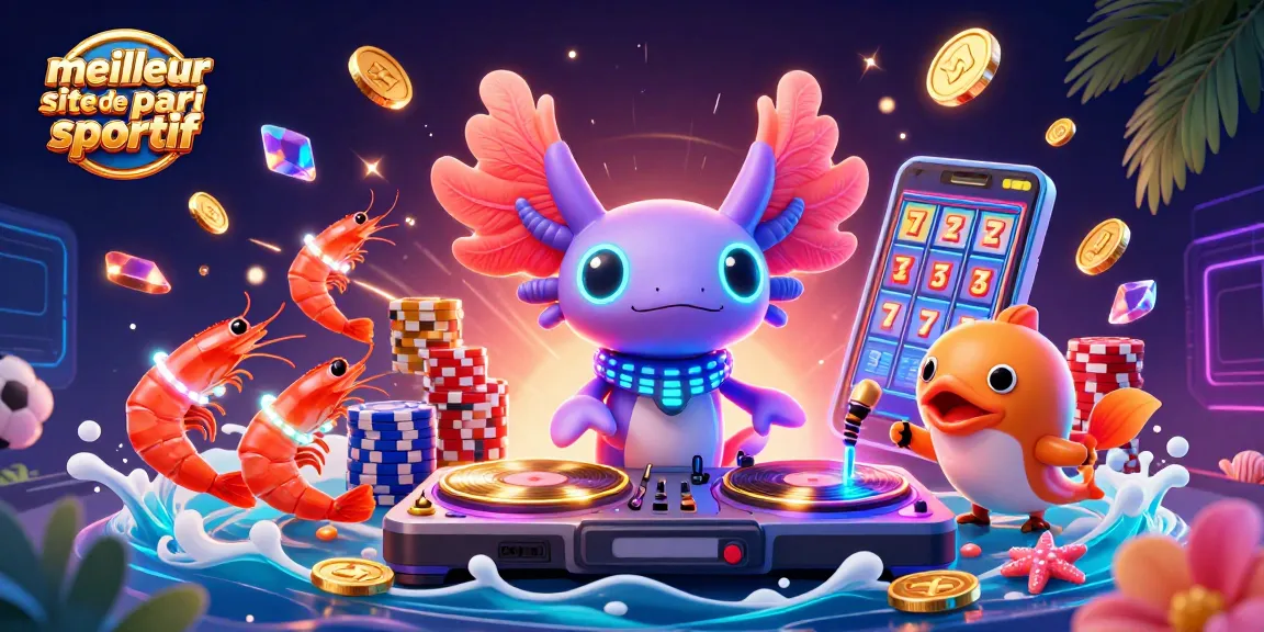 Meilleur site de pari sportif : Illustration dynamique d'un DJ axolotl animant des paris sportifs avec énergie.