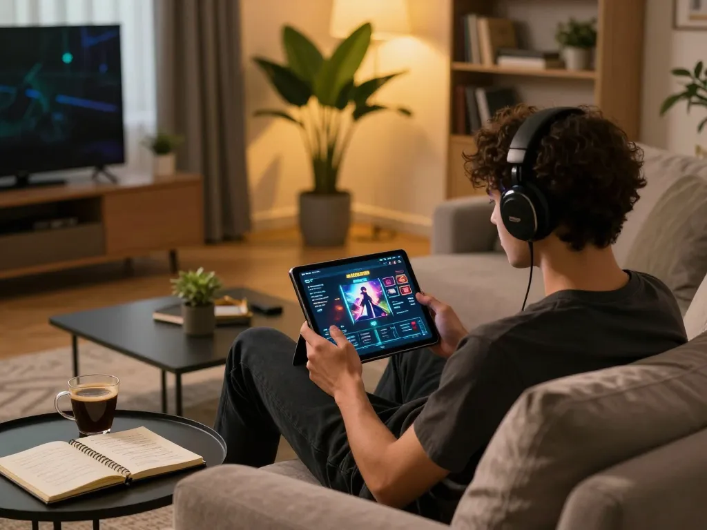 Gamer engaging with เว็บสล็อตตรง interface from cozy home setup, focused on strategy and enjoyment