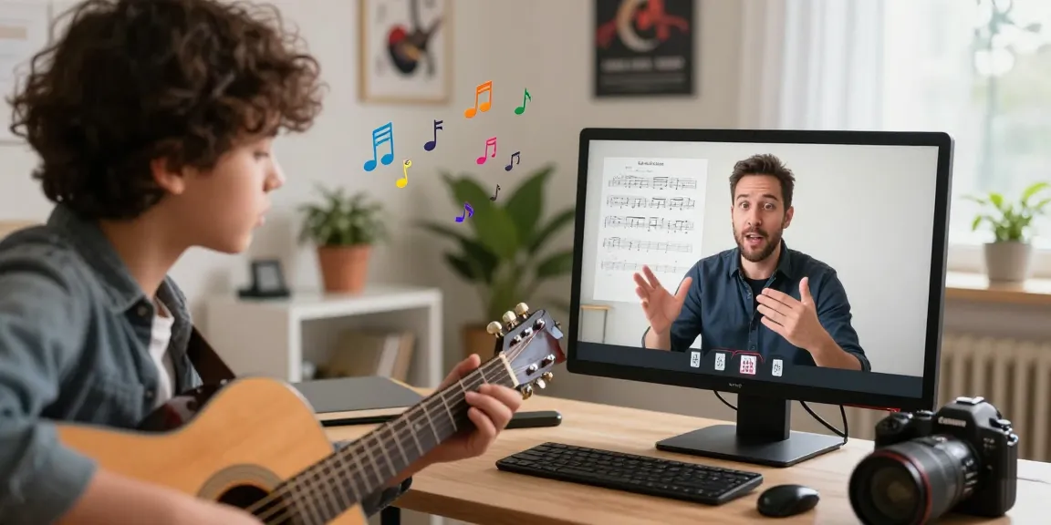 Dynamic Zoom Guitar Lessons with a certified instructor and engaged student in a bright, interactive learning environment.