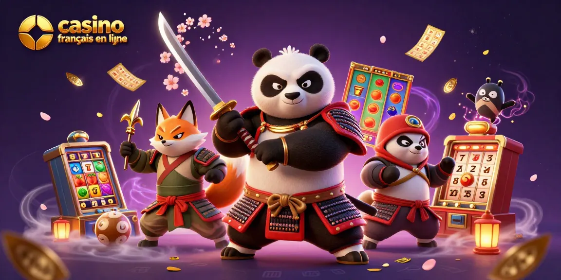 Gagnez gros avec un casino français en ligne dans cette illustration captivante mettant en scène un panda samouraï et un renard ninja.