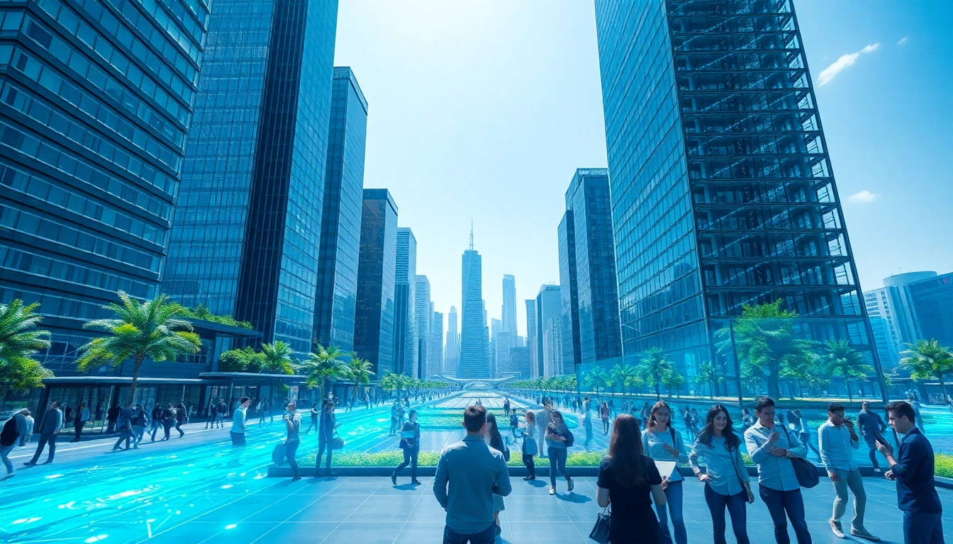 Technology landscape featuring diverse people interacting with advanced devices in a futuristic setting.