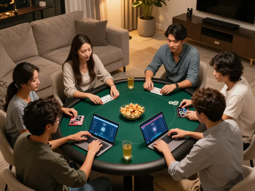 Friends enjoy online poker at home, strategizing gameplay with laptops featuring 888top interface