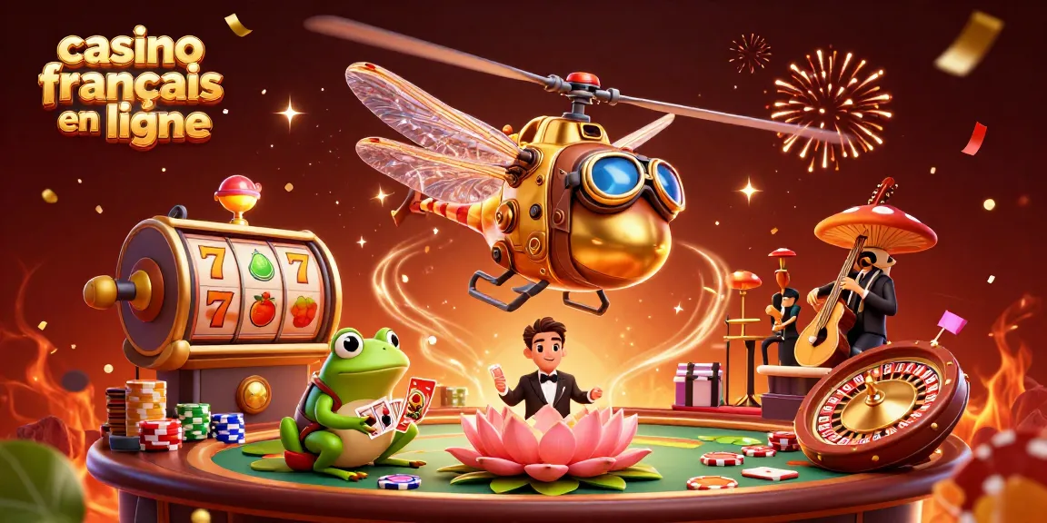 Illustration d'un dragonfly pilote de casino français en ligne avec un croupier grenouille et des musiciens de jazz animés.