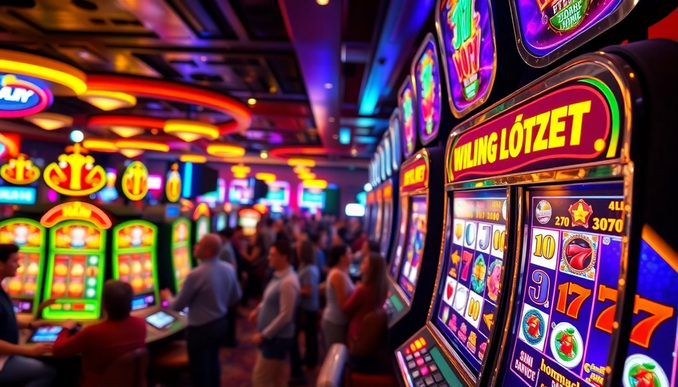 Slot77 menampilkan mesin slot yang berwarna-warni dalam suasana kasino yang menyenangkan.