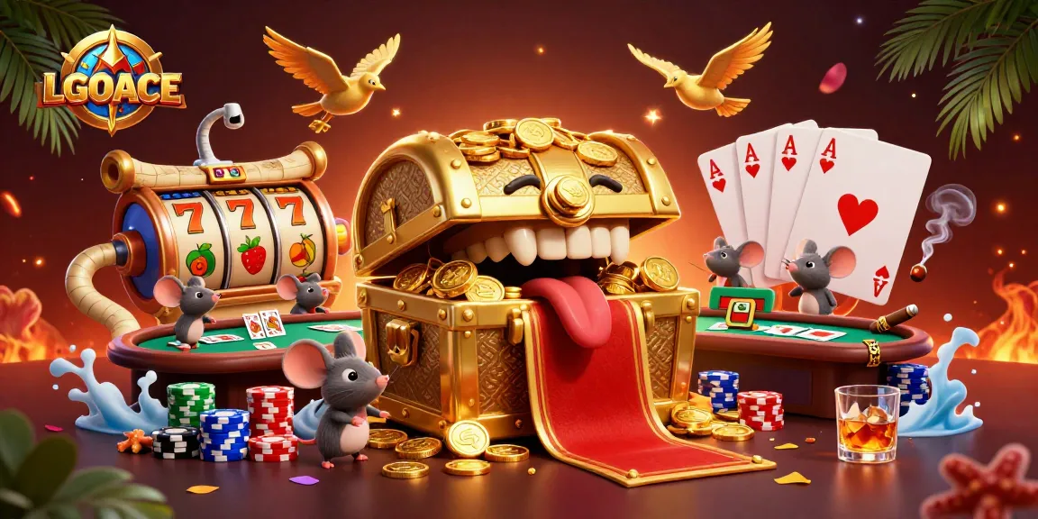 LGOACE players spinning slot reels surrounded by vibrant poker elements and a treasure chest of riches.