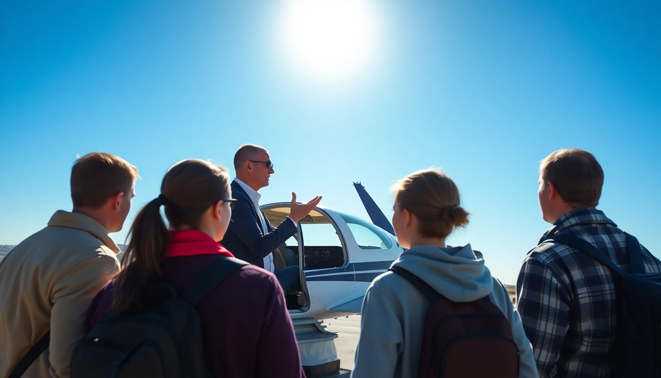 Flight training near me showcasing an instructor with students in front of an aircraft.