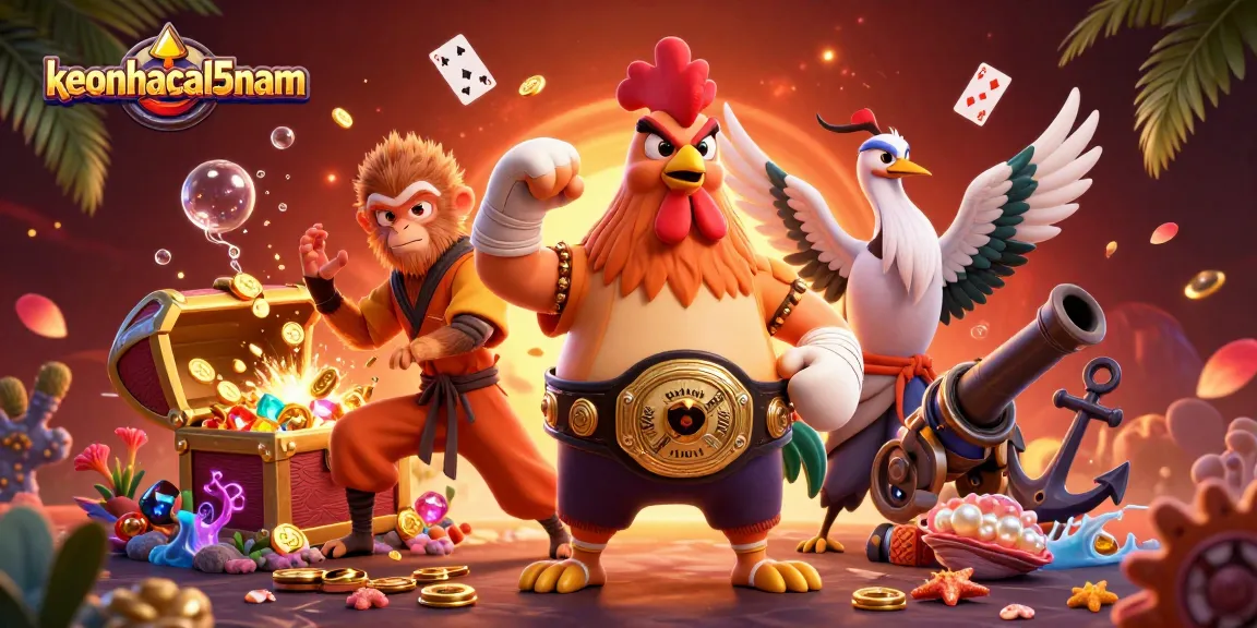 Engage with keonhacai5nam in a vibrant, action-packed 3D illustration of casino-themed characters.