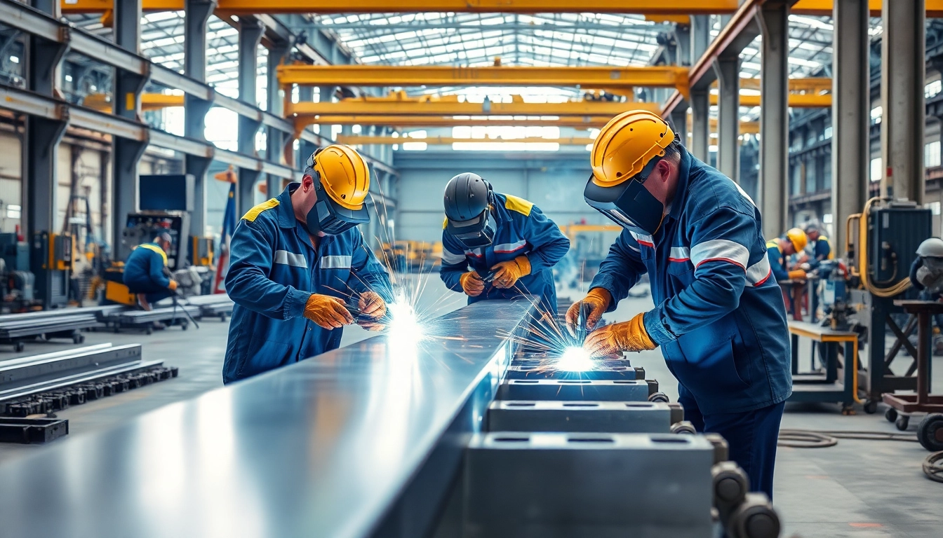 Welders performing structural steel welding in an industrial workshop, showcasing teamwork and precision.
