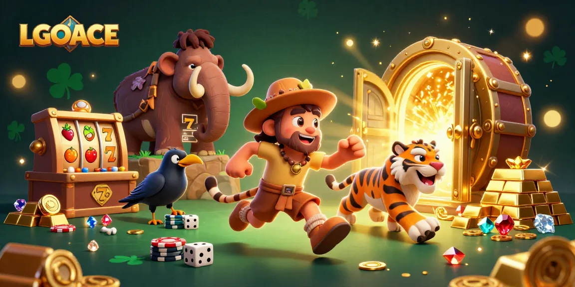 LGOACE slot demonstration in a vibrant prehistoric casino with animated characters and dynamic elements.