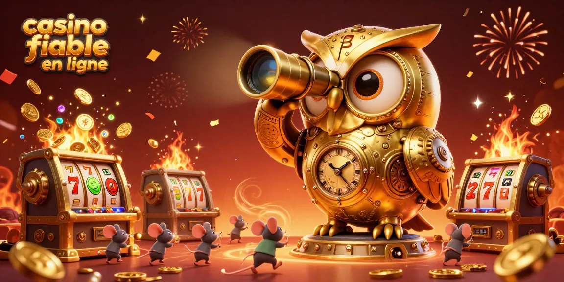 Admirez une scène dynamique de casino fiable en ligne avec une chouette en or et des éléments de machines à sous.