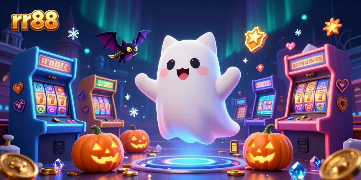 Experience the thrilling world of rr88 with a ghost cat and vampire bat in a haunted casino ambiance.