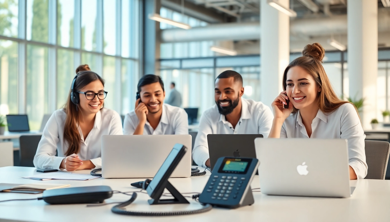 Engaging scene of business phone providers in a modern office, showcasing communication and teamwork.